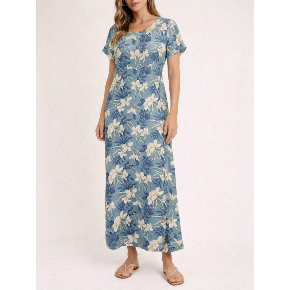 Tommy Bahama Silk Maxi Dress Seafoam Tropical Long Sheath Size 4 | Small Vintage